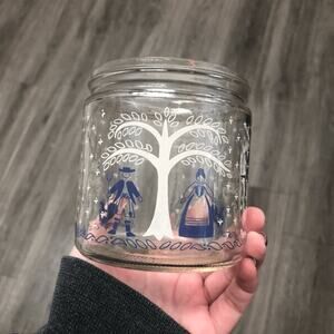 Vintage Dutch Folk Art Glass Canister Blue White Farmhouse Storage Jar 1716